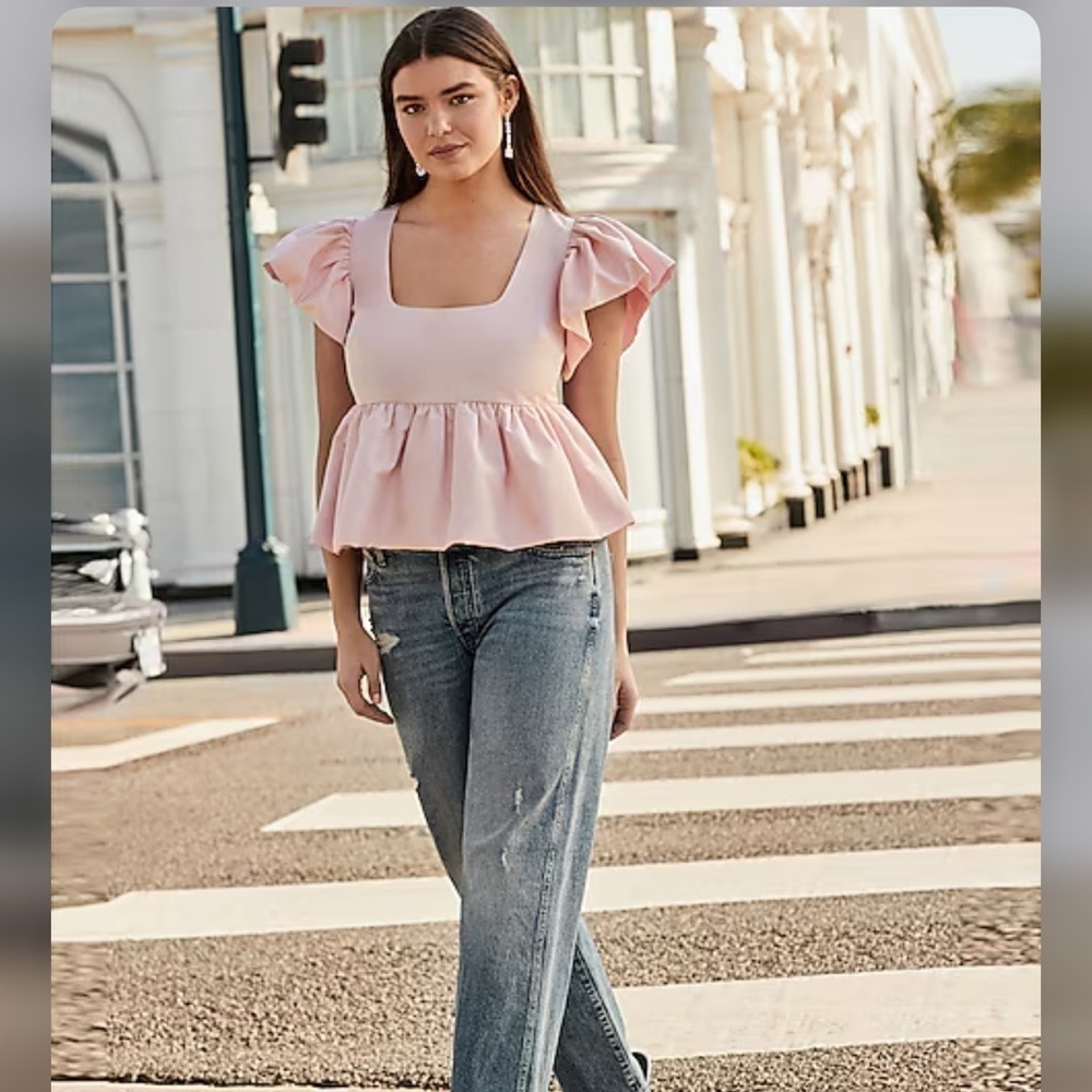 Express Top Women XS Blouse Peplum Shirt Baby Pink  Flutter Sleeve Babydoll Z